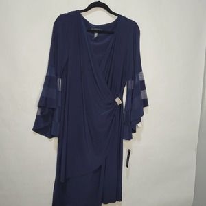 R&M Richards  Wraparound Knee-Length Dress with Bell Sleeves Navy Blue size 14